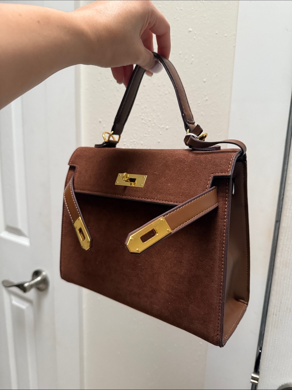 Brown Suede Satchel with Tan Trim and Gold Hardware